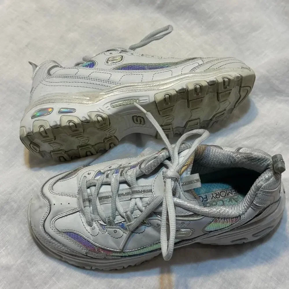 Skechers D'Lites white & silver Leather trainers iridescent, sparkly size 7.5